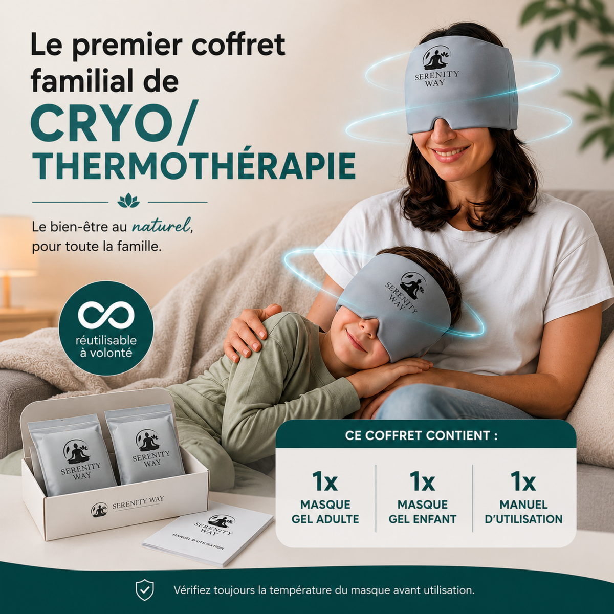 Mère et enfant portant les masques chaud et froid du pack familial Serenity Way