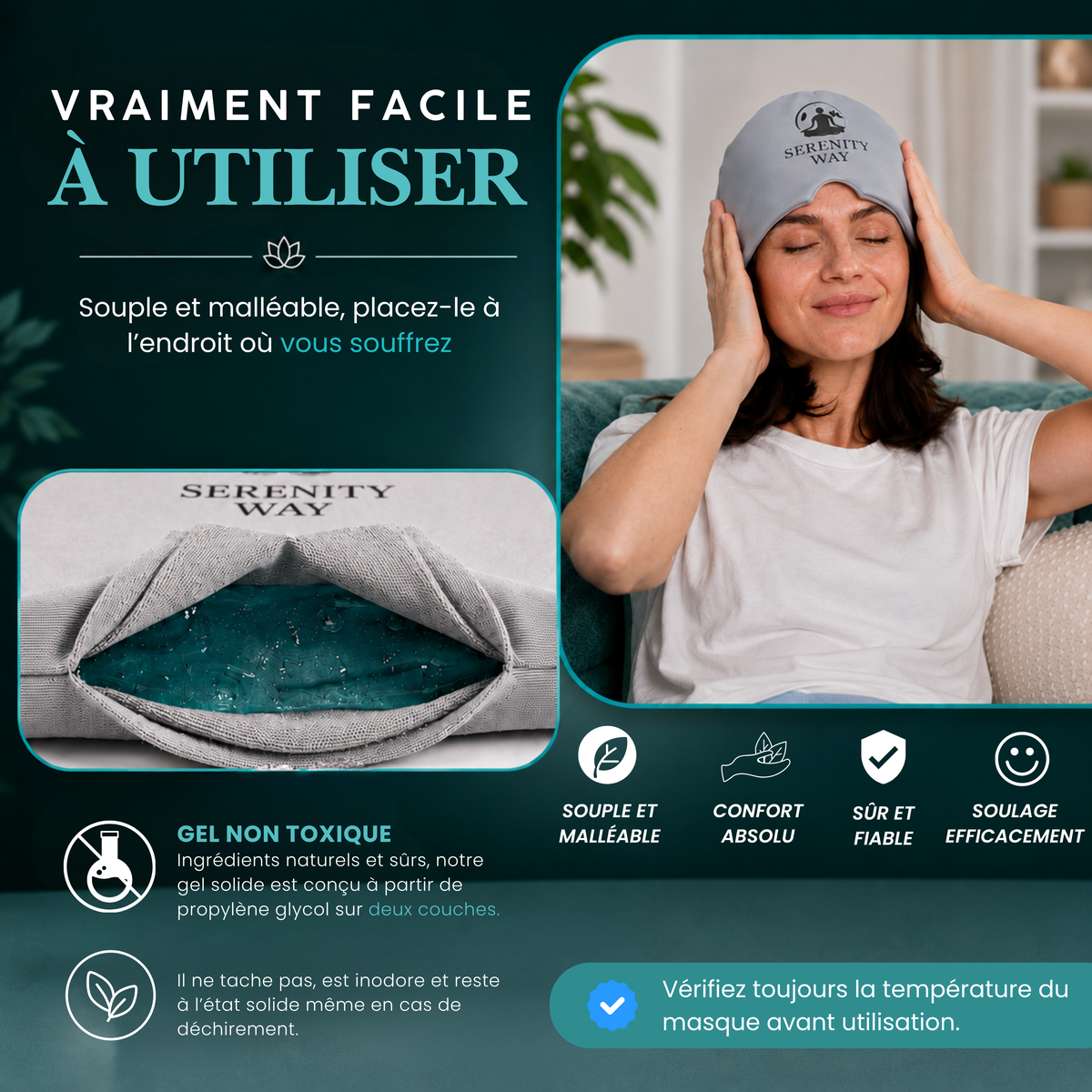 Femme utilisant le masque chaud et froid souple Serenity Way